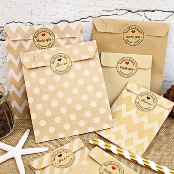 24 Takım Dalgalı Noktalar hediye keseleri Kraft Kağıt Torbalar DIY Pişirme Ambalaj Şeker Kek Çanta Sticker ile